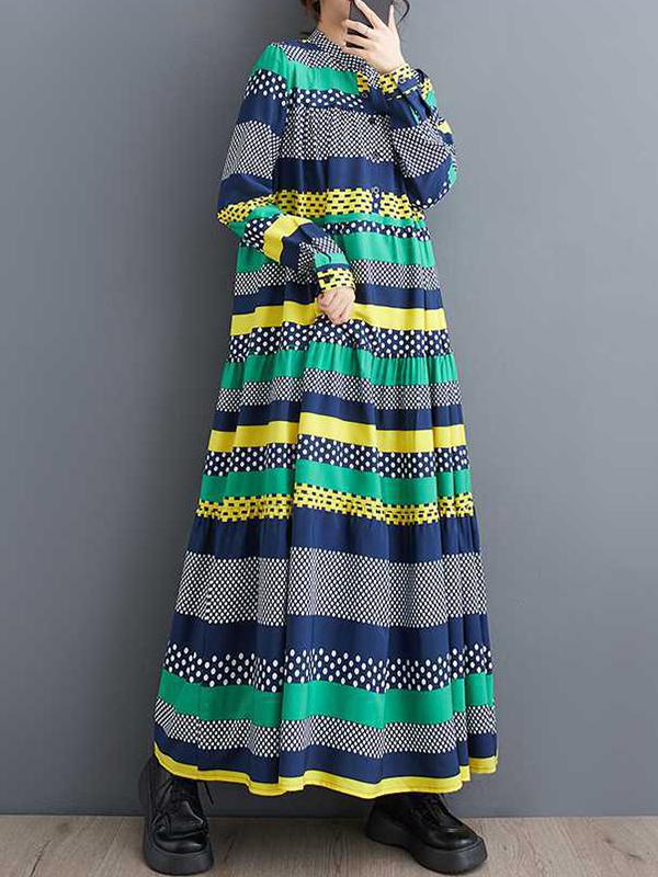 A-Line Long Sleeves Buttoned Polka-Dot Split-Joint Round-Neck Midi Dresses Product Image