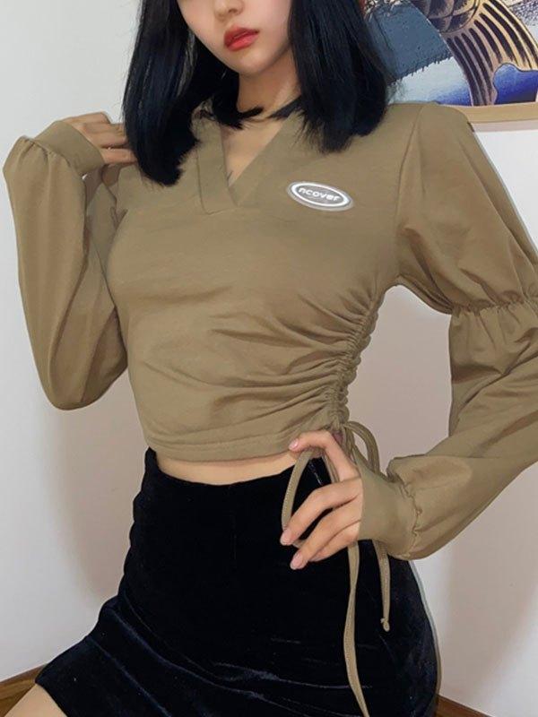 V Neck Lace Up Crop Sweatshirt Product Image