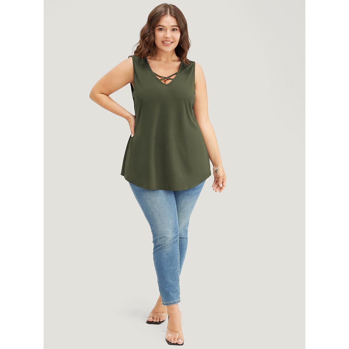 Plus Size Plain Crisscross Deep V Neck Tank Top Women ArmyGreen Casual Deep V-neck Dailywear Tank Tops Camis BloomChic 18-20/2X Product Image