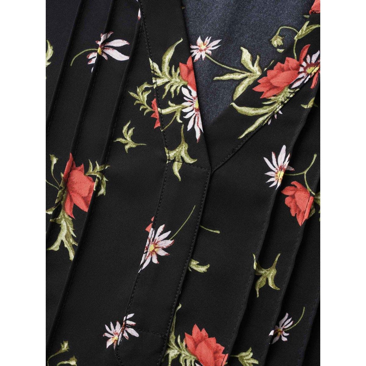 Plus Size Black Notched Floral Pleated Ruffle Sleeve Blouse Women Elegant Half Sleeve Flat collar with V-notch Everyday Blouses BloomChic 14-16/1X Product Image