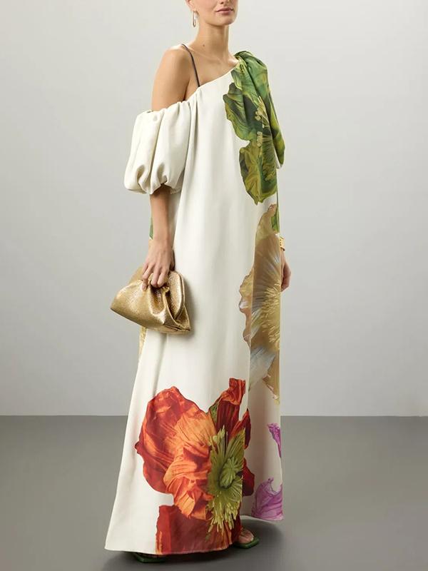 A-Line Loose Elasticity Flower Print One-Shoulder Maxi Dresses Product Image