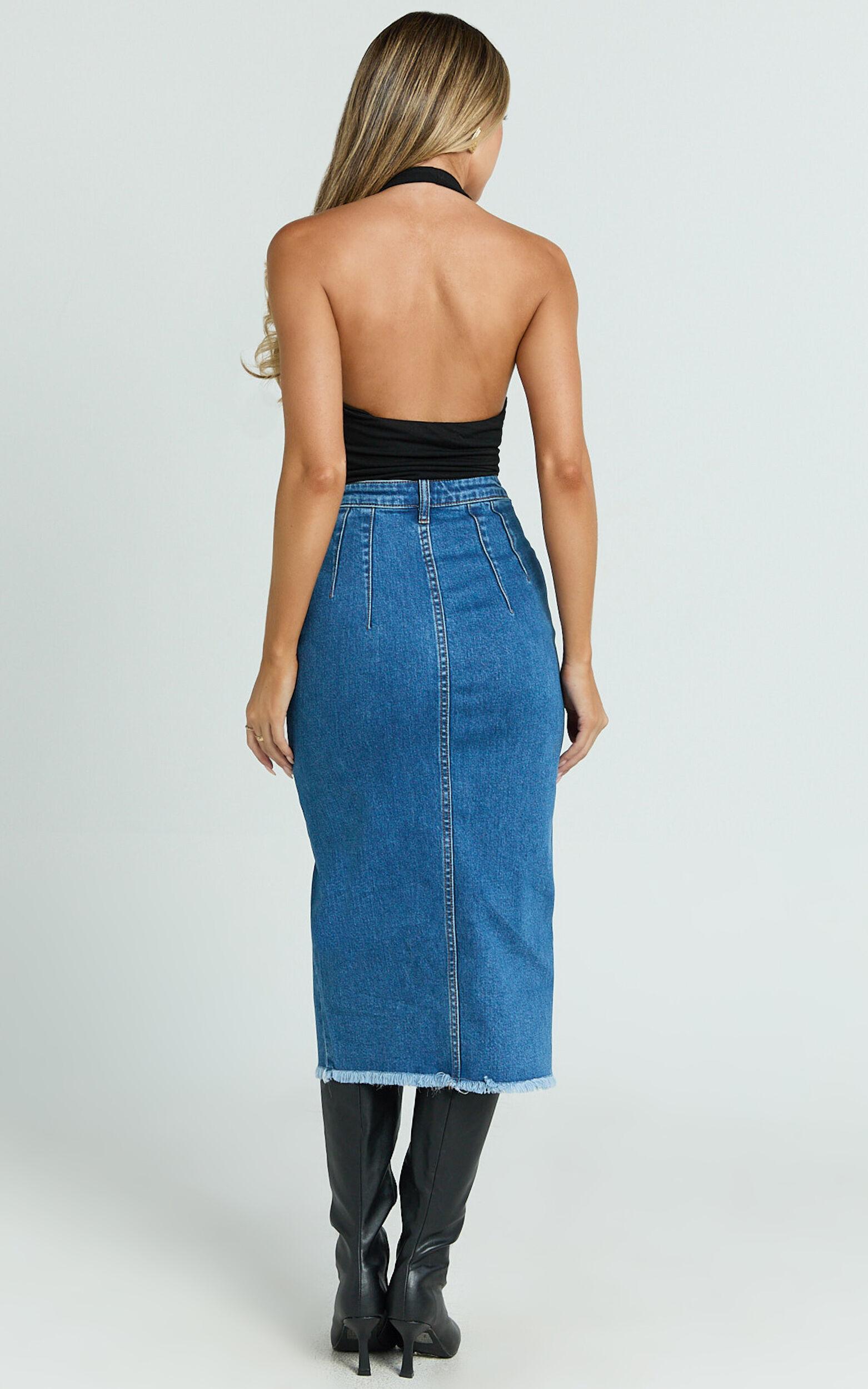 Janeve Midi Skirt - Front Split Denim Skirt in Dark Blue Product Image