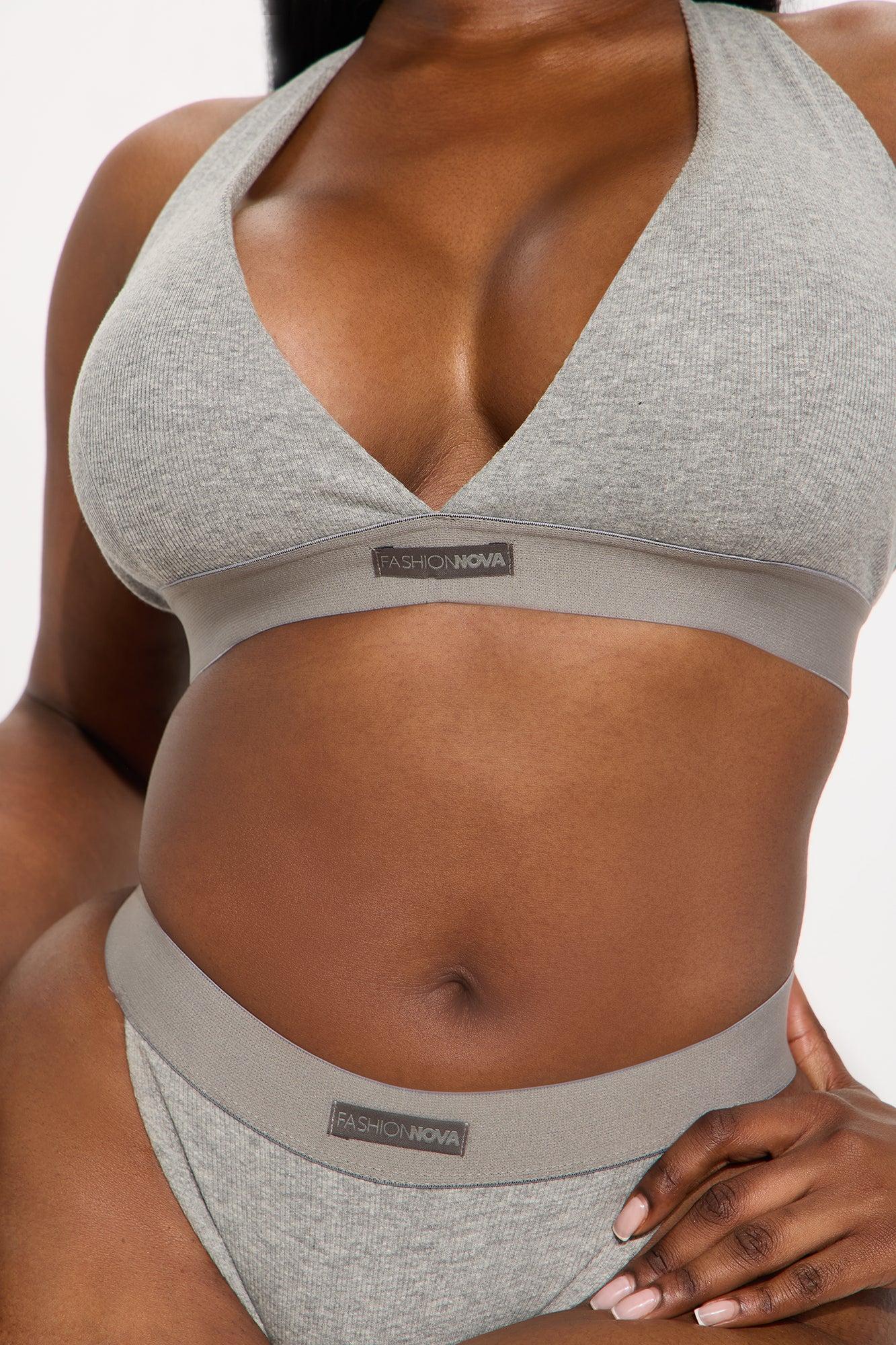 FN Mood Plunge Bra And Thong 2 Piece Cotton Set  - Heather Grey Female Product Image