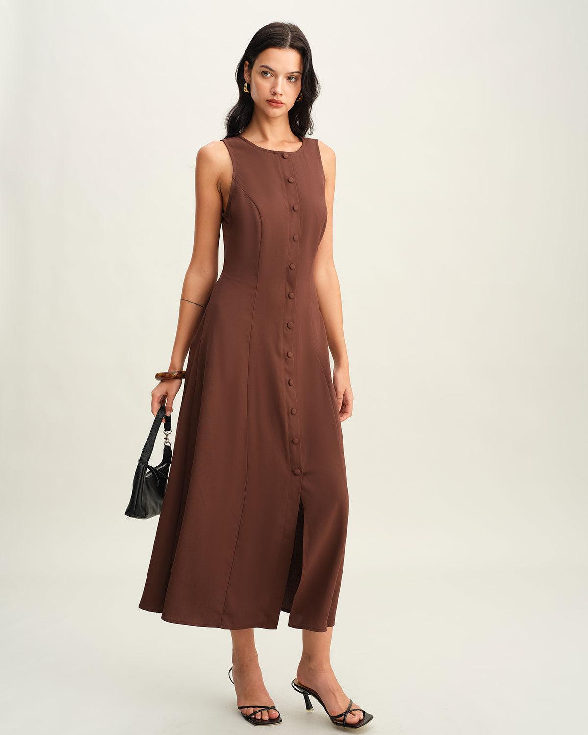 Brown Round Neck Button Sleeveless Maxi Dress Product Image