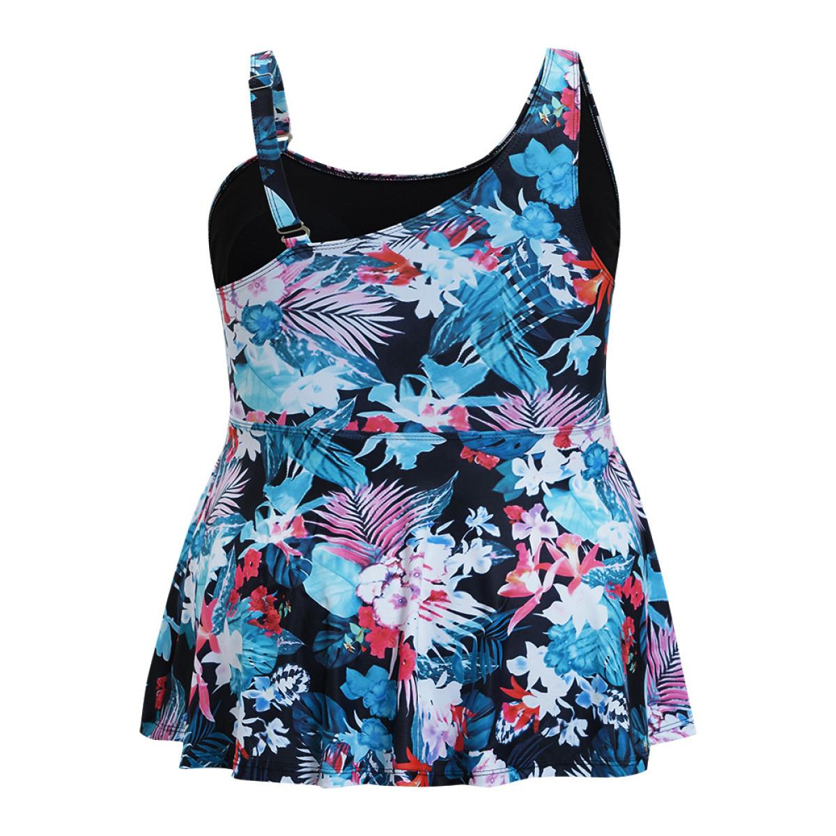 Plus Size Floral Printed Asymmetrical Ruffles Hem Tankini Top Women's Swimwear BlackFlower Vacation Adjustable Straps High stretch Bodycon Asymmetrical Neck Curve Swim Tops BloomChic 10/M Product Image