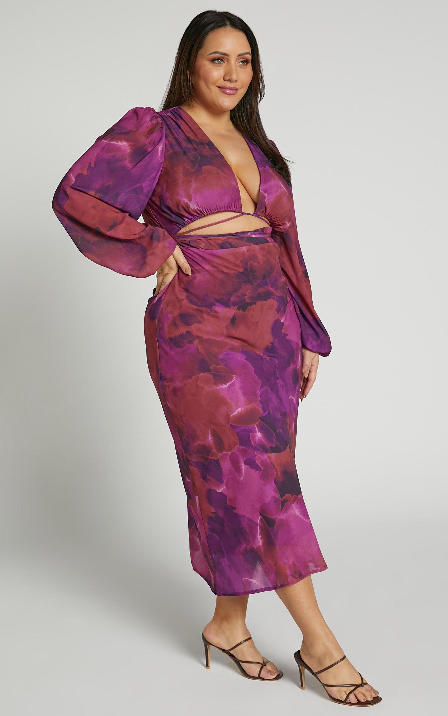 Artola Midi Dress - Front Cut Out Long Sleeve Dress in Blurred Dreams Product Image