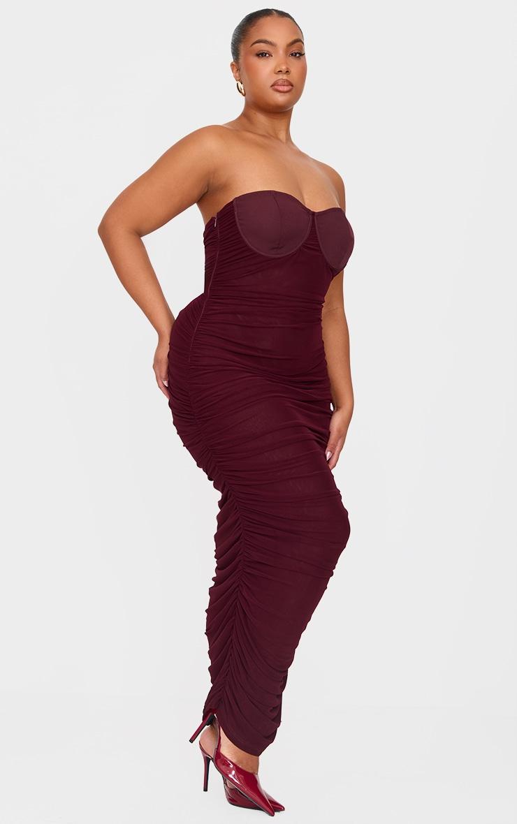 Plus Burgundy Mesh Ruched Cup Detail Maxi Dress Product Image