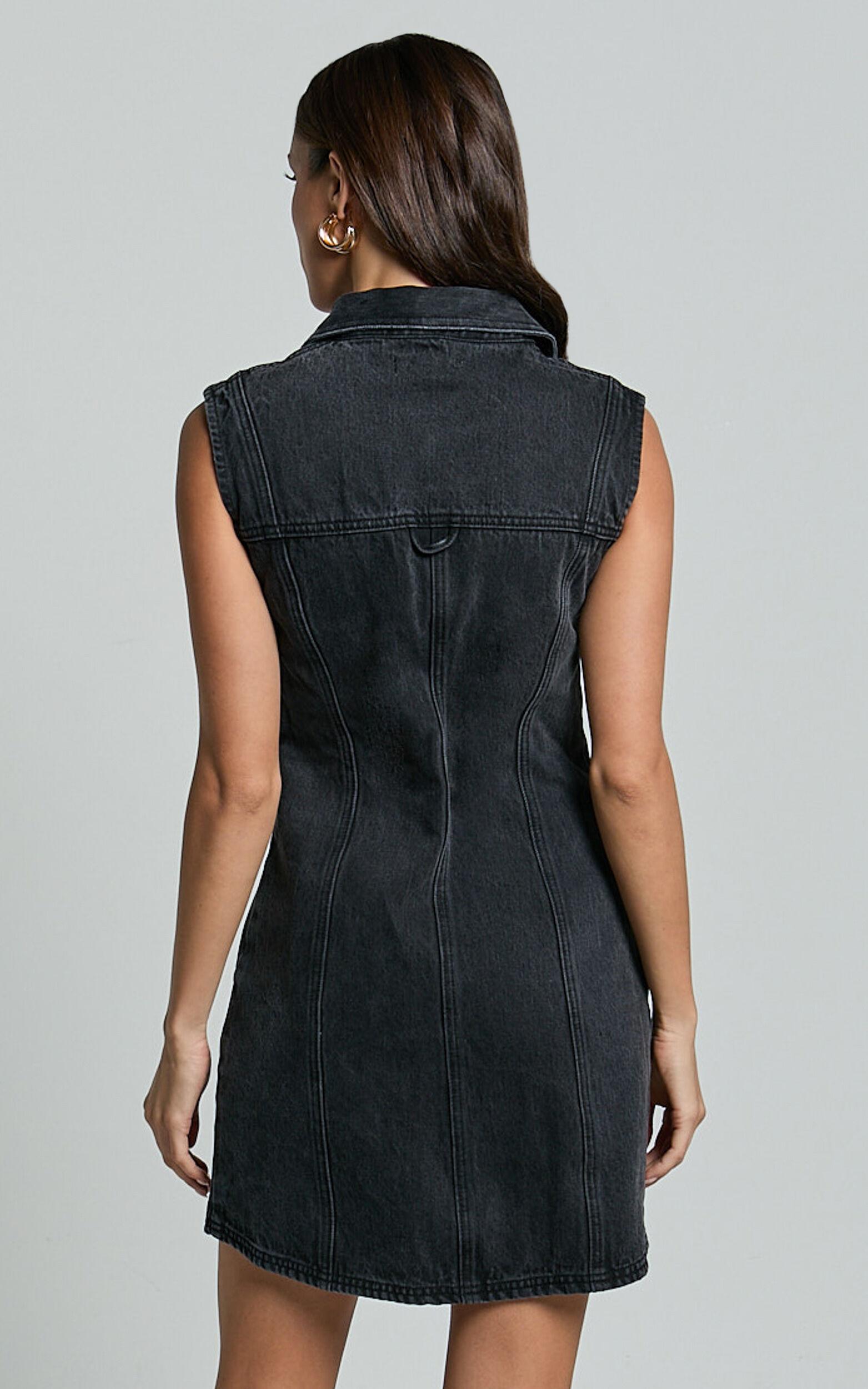 Gigie Mini Dress - Button Front Collared Denim in Washed Black Product Image