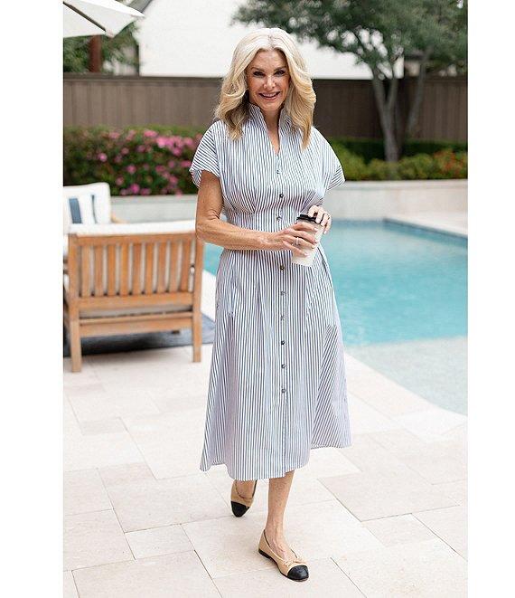 Ming Wang x Tanya Foster Cotton Pinstripe Stand Collar Short Sleeve Fit-And-Flare Dress Product Image