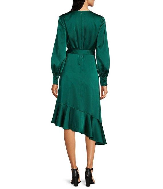 Alex Marie Lilac Satin V-Neck Long Blouson Sleeve Tie at Waist Wrap Asymmetrical Flounce Midi Dress Product Image