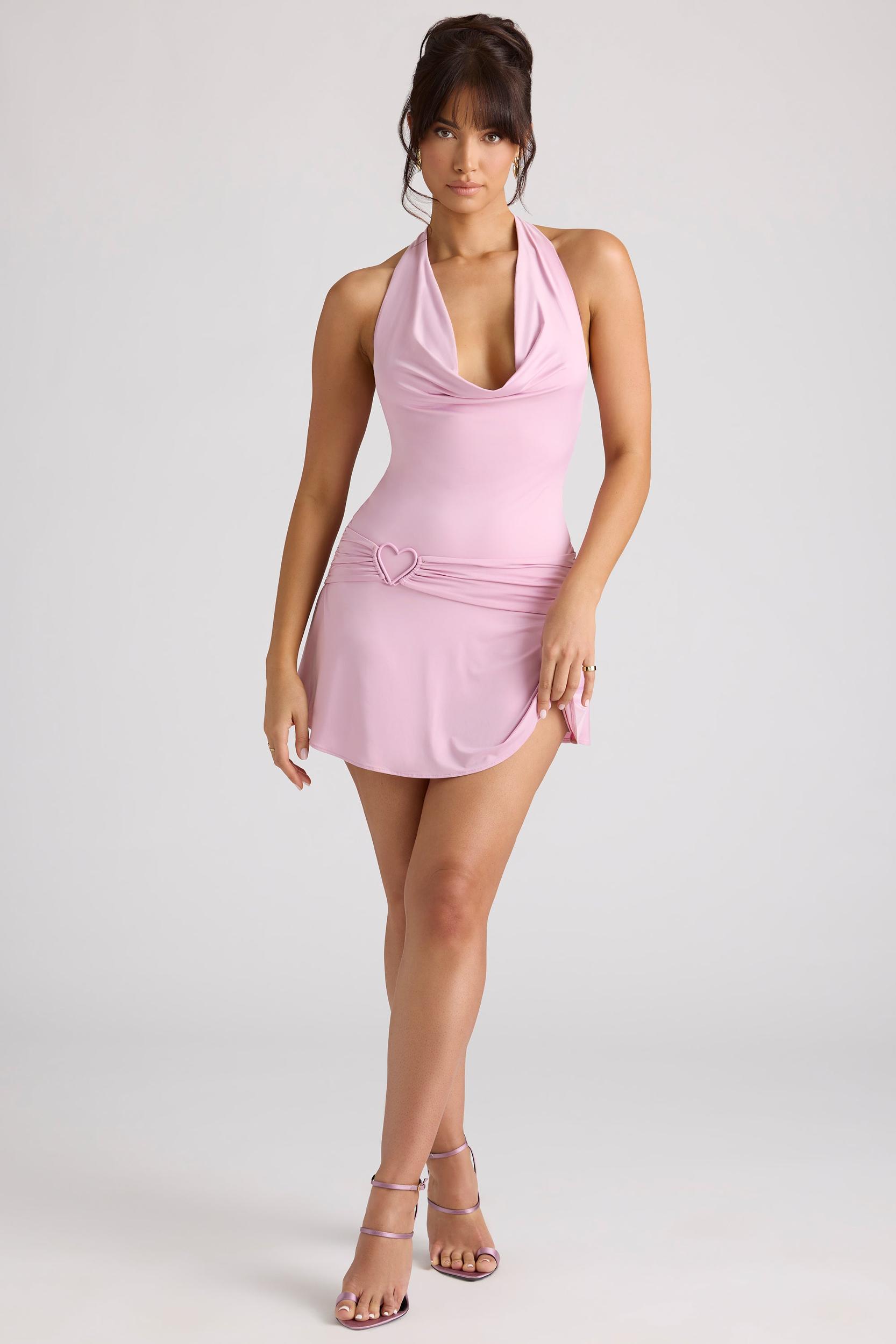 Heart Detail Cowl Neck Mini Dress in Soft Pink Product Image