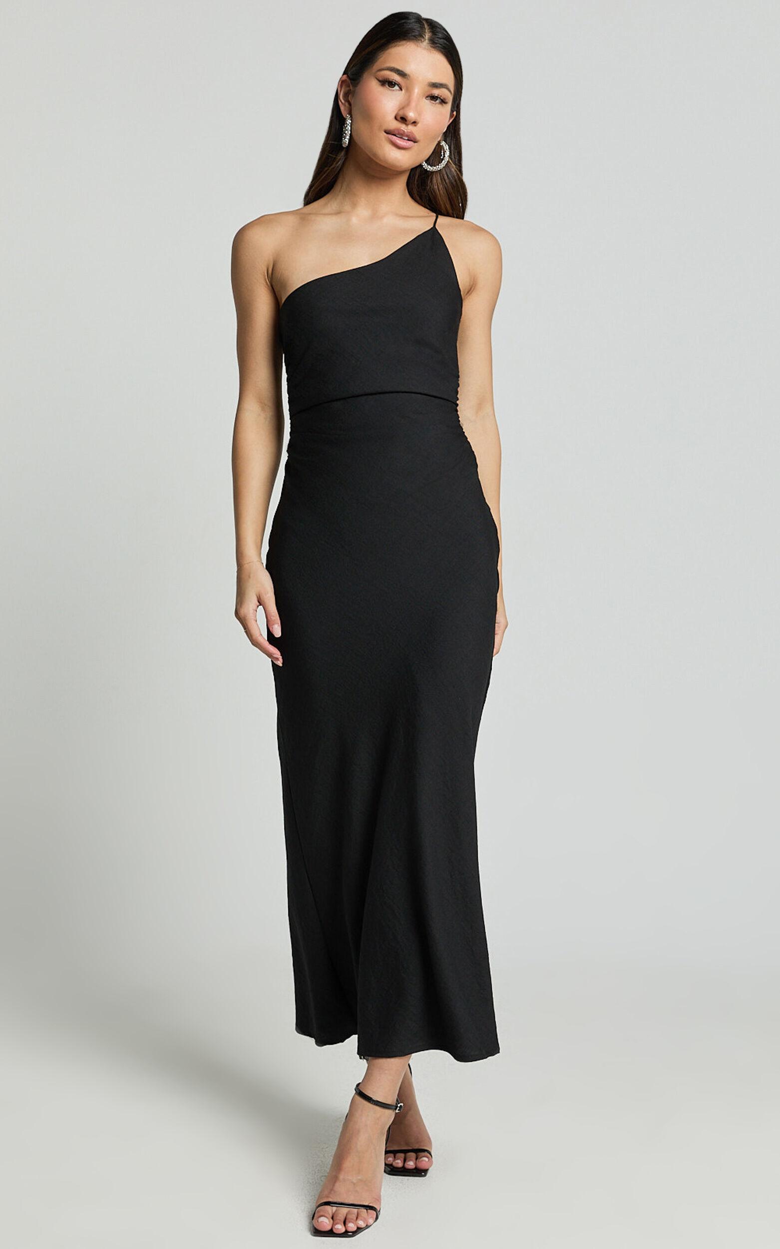 Devon Maxi Dress - One Shoulder Slip Dress in Black Product Image