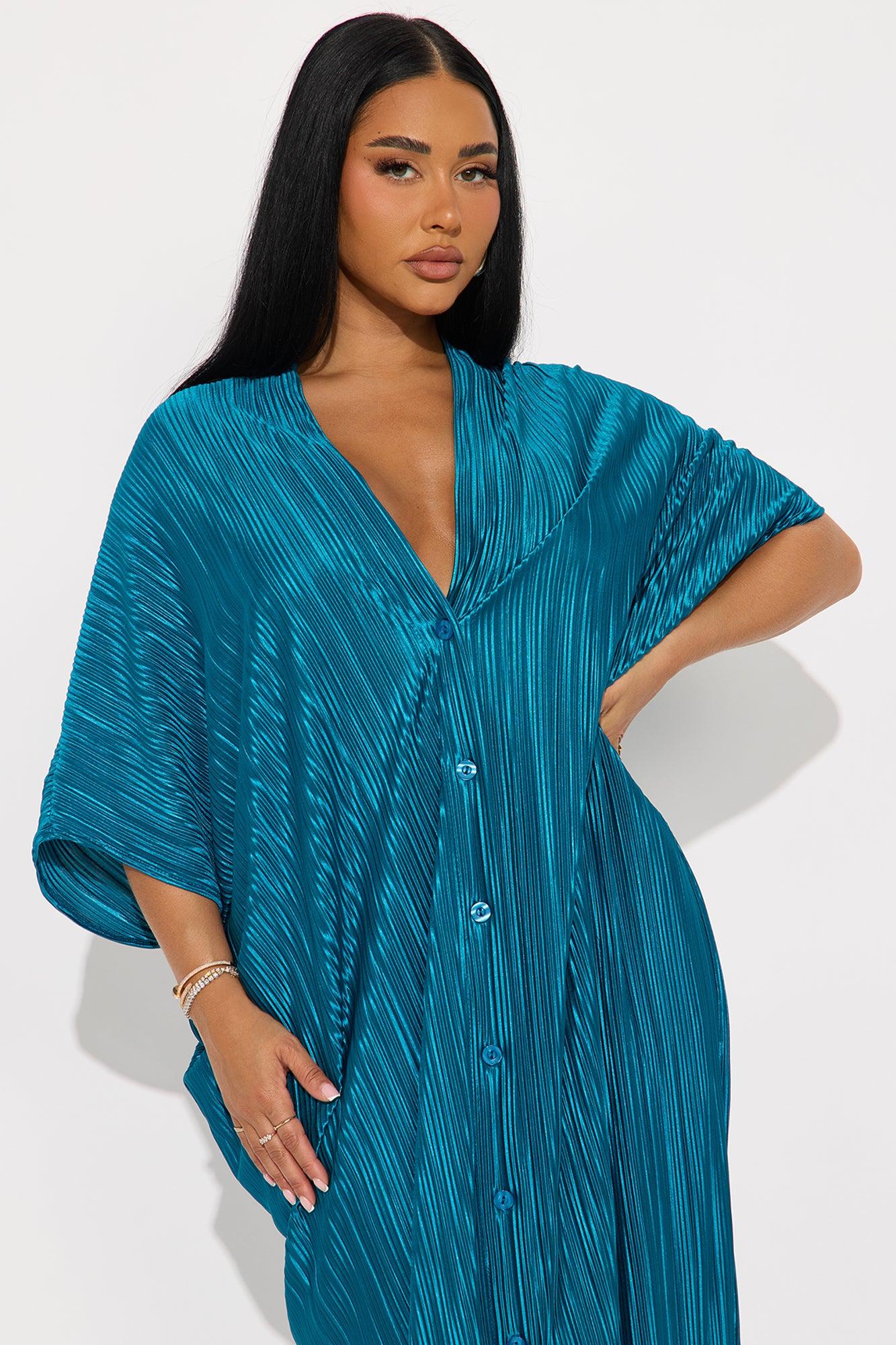 Isa Plisse Maxi Shirt Dress - Teal Female Product Image