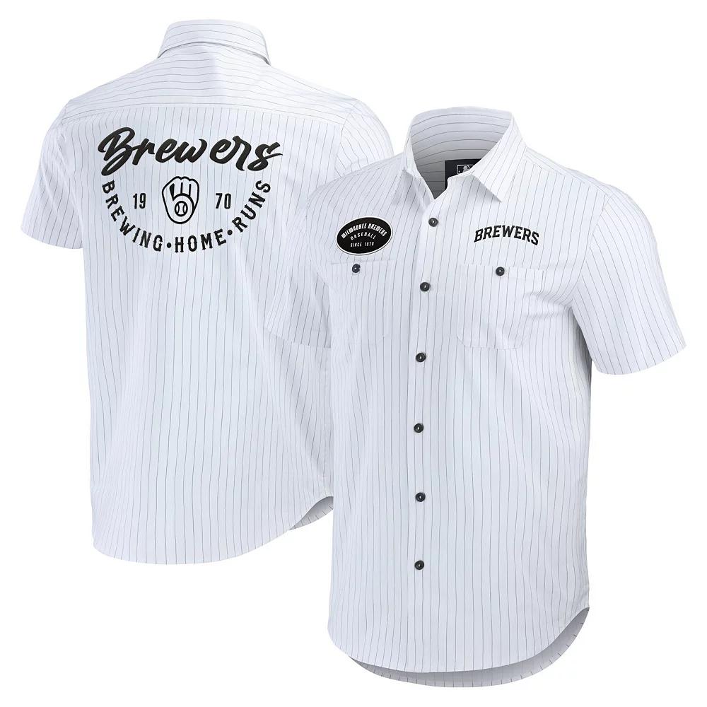 Men's Darius Rucker Collection by Fanatics White Milwaukee Brewers Pin Stripe Short Sleeve Button-Up Shirt,  Product Image