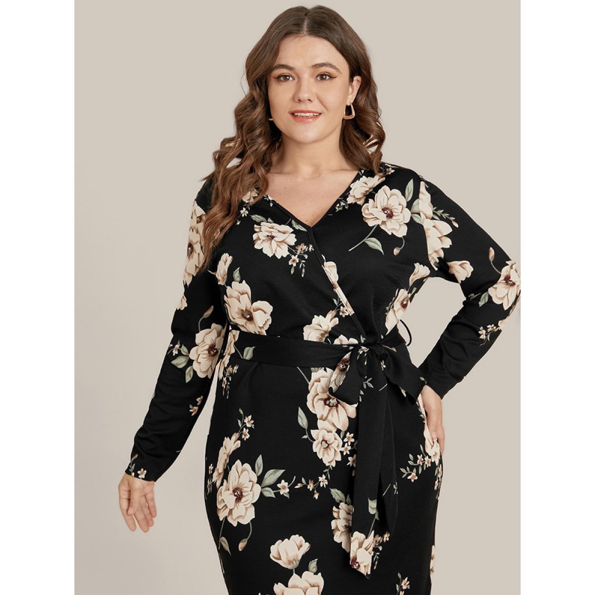 Plus Size Floral Print Belted Surplice Neck Knee Dress Black Women Elegant Belted V-neck Long Sleeve Curvy Knee Dress BloomChic 14-16/1X Product Image