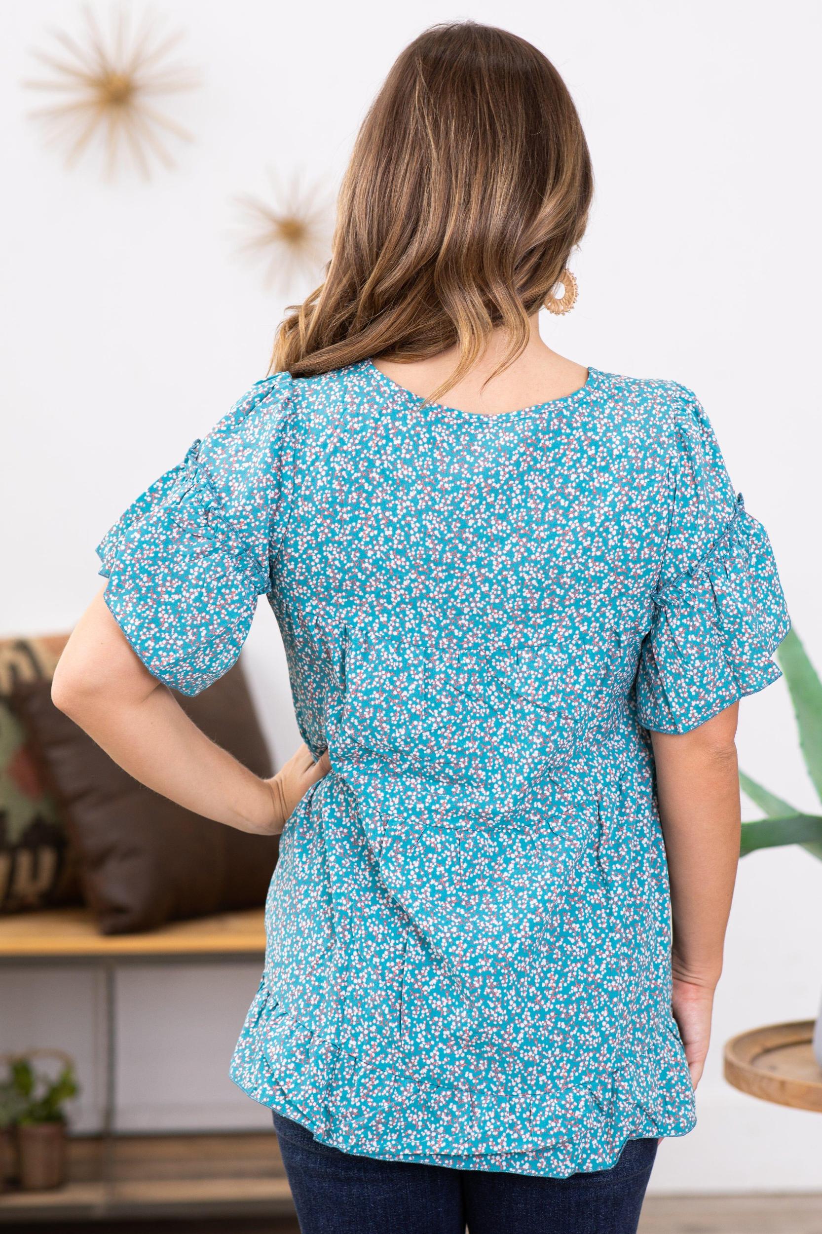Teal and White Ditsy Floral Bell Sleeve Top Product Image
