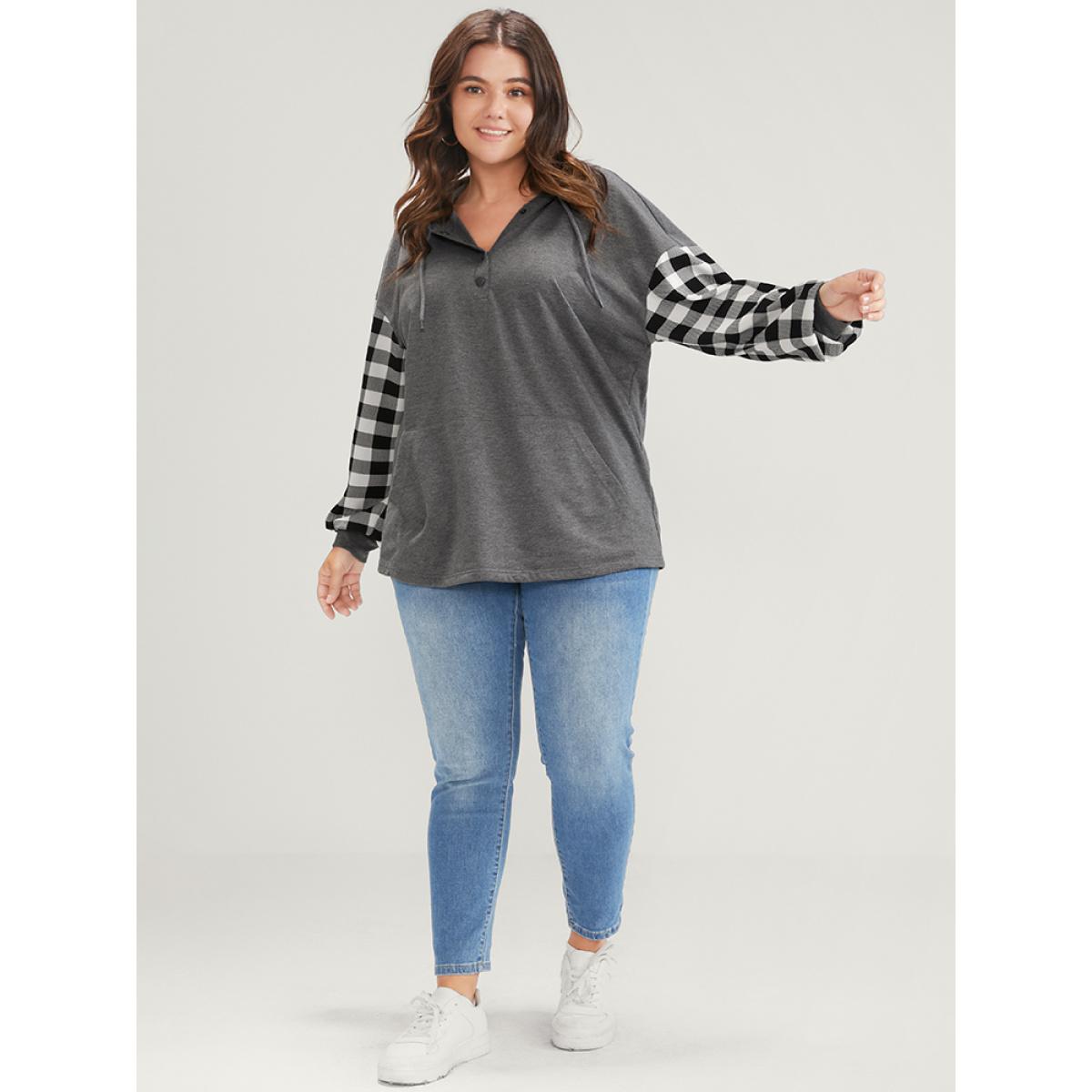 Plus Size Gingham Pocket Button Up Hooded Sweatshirt Women DimGray Casual Contrast Hooded Dailywear Sweatshirts BloomChic 12/L Product Image