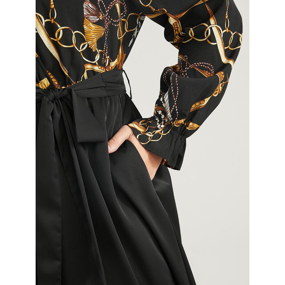 Plus Size Chain Print V Neck Pocket Lantern Sleeve Belted Split Dress Black Women Elegant Pocket V-neck Long Sleeve Curvy Midi Dress BloomChic 28/5X Product Image