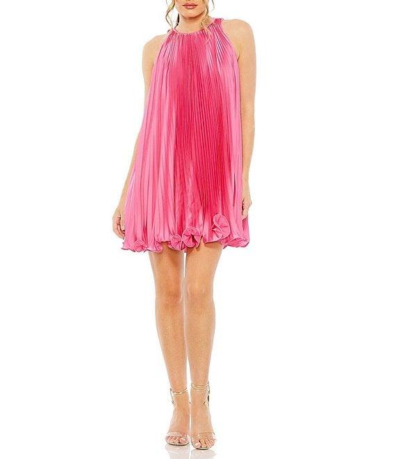 Mac Duggal Pleated Crew Neck Sleeveless Mini Trapeze Dress Product Image