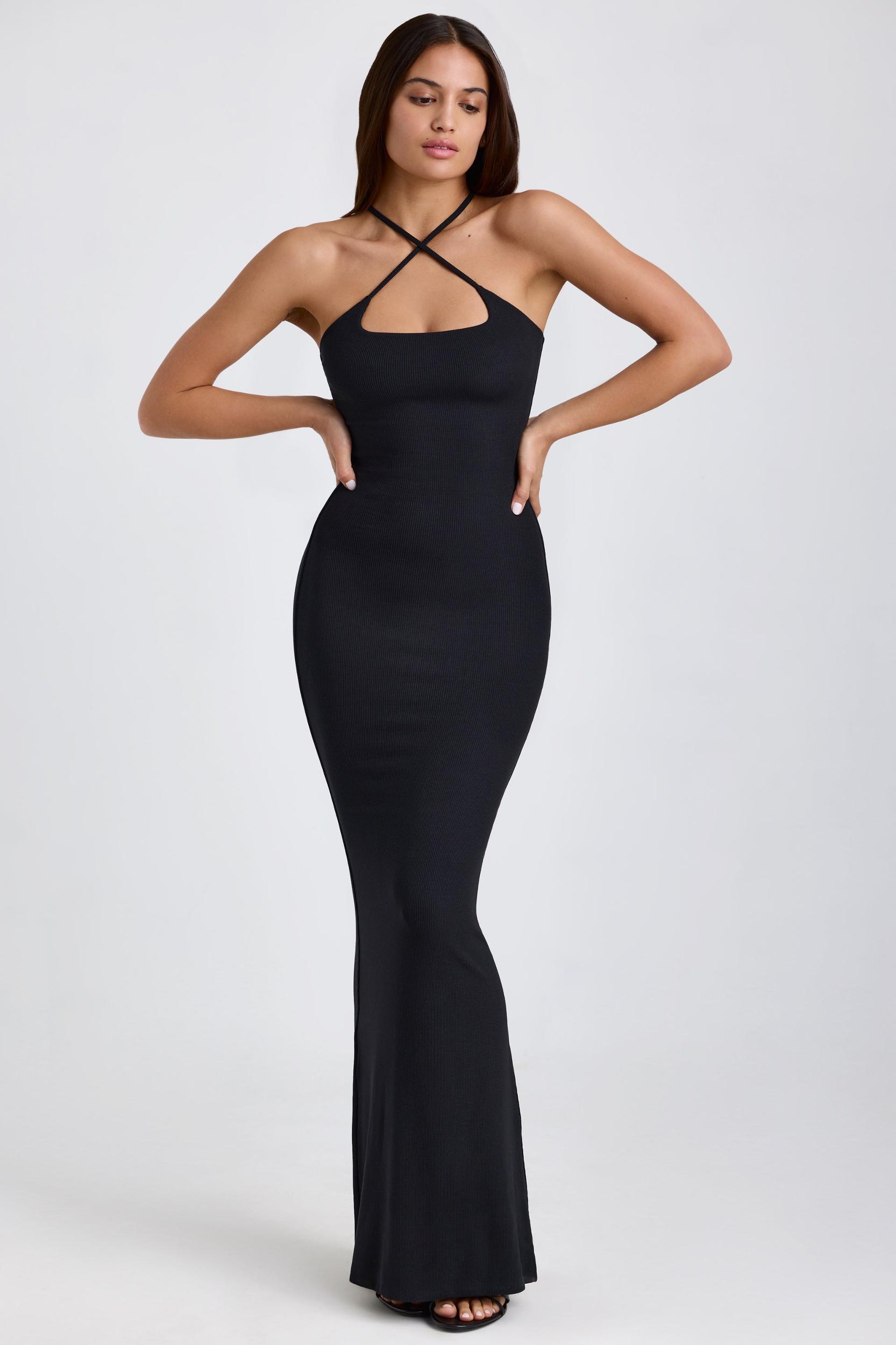 Ribbed Modal Halterneck Maxi Dress in Black Product Image