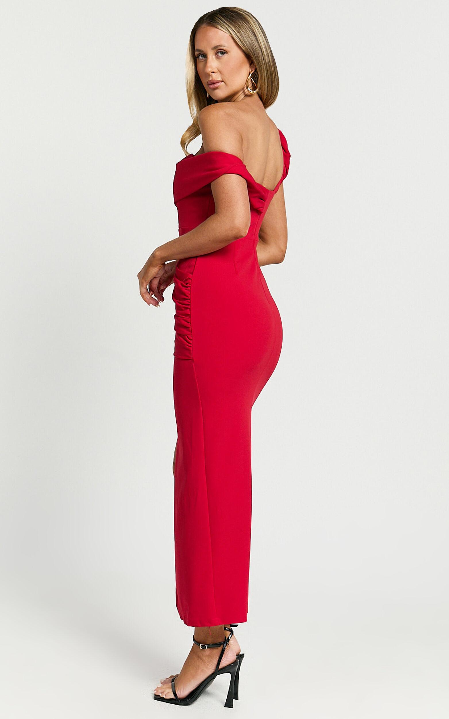 Almaida Midi Dress - Off Shoulder Ruched Side Dress in Red Product Image