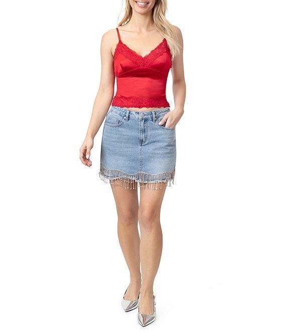 Stevie by Steve Madden Stretch Satin V-Neck Lace Trim Cami Top Product Image