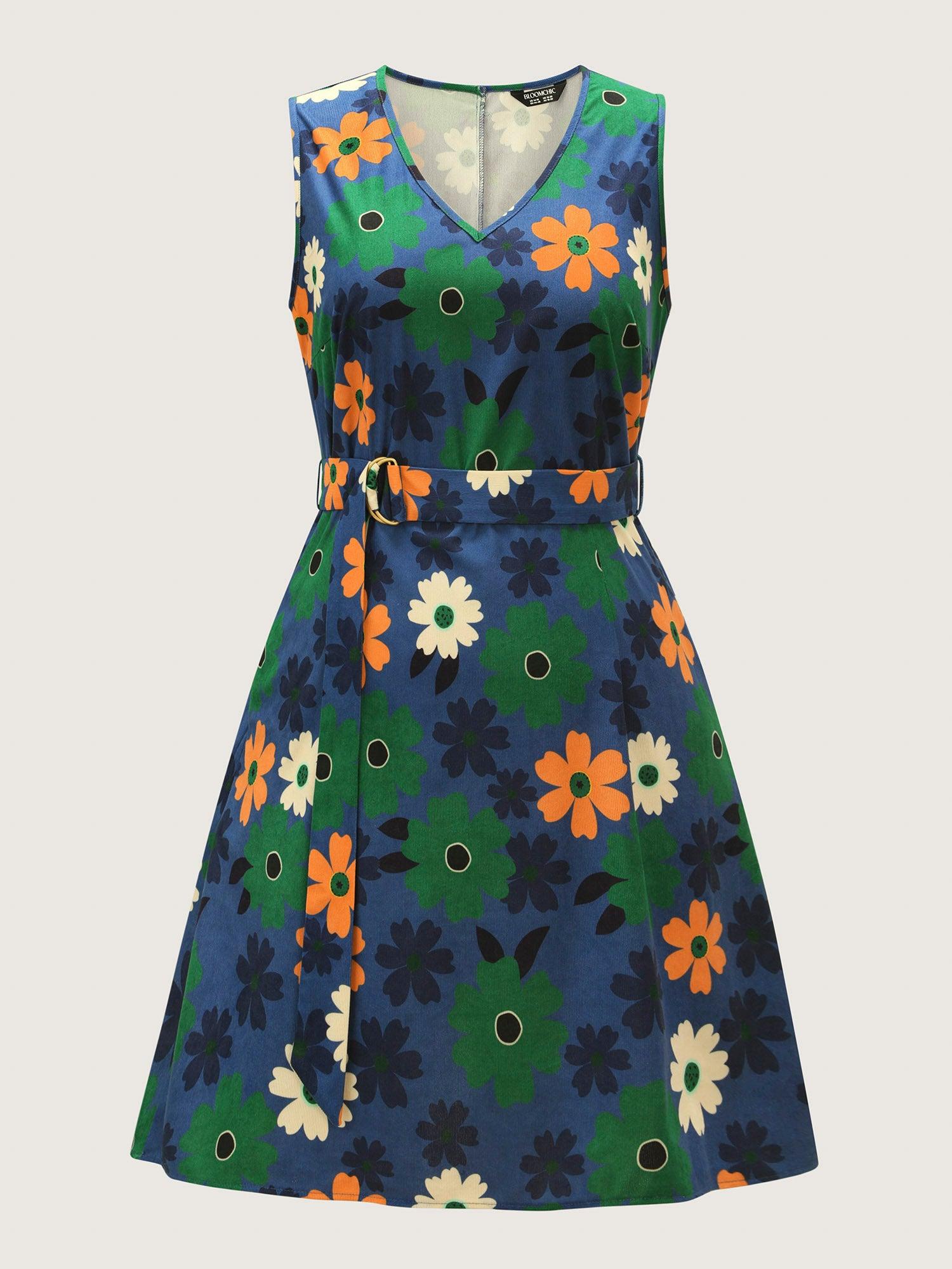 Floral Belted Waist-Defining Knee Dress Female Product Image