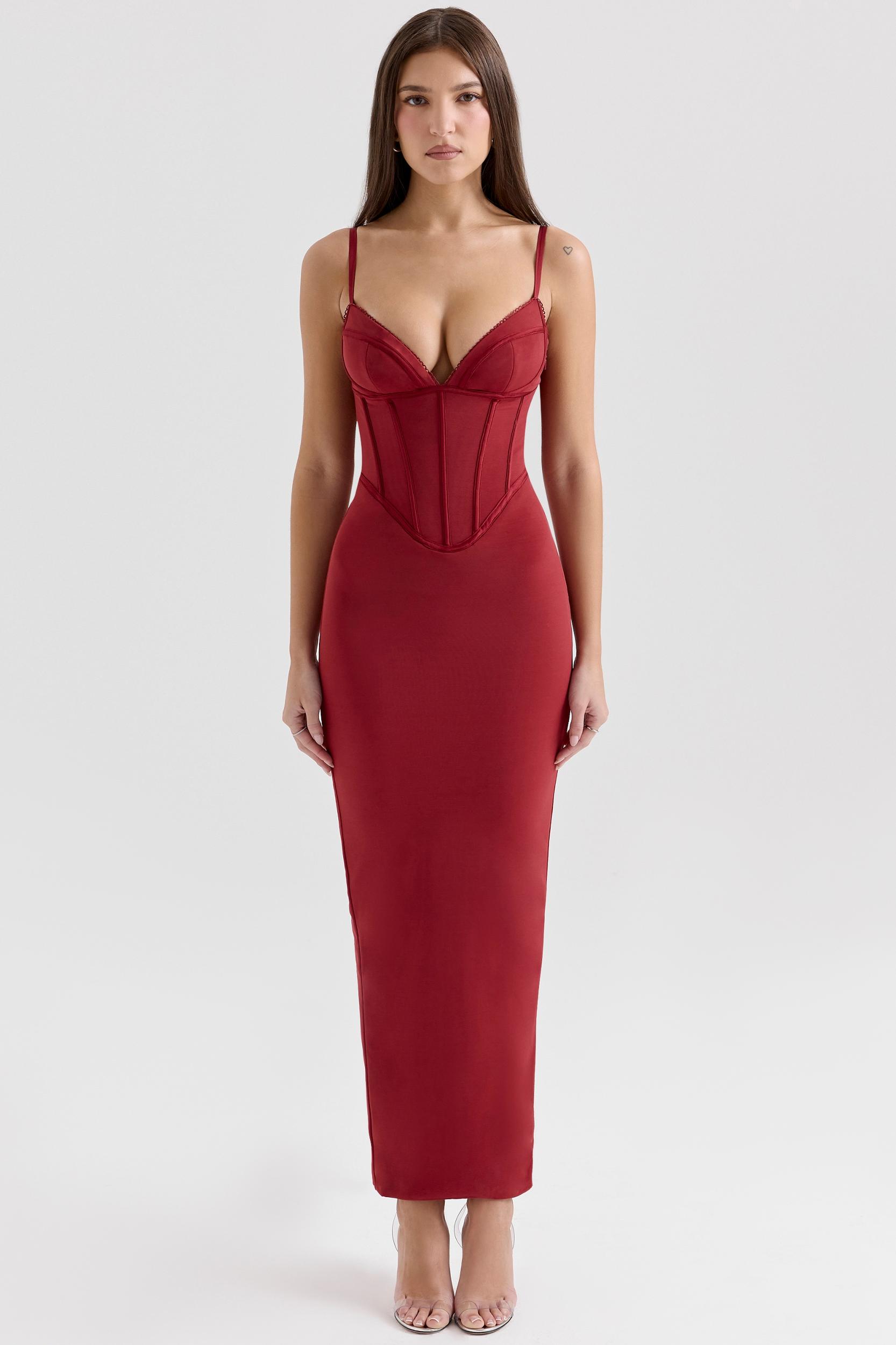 Romy  wine mesh bodycon maxi dress Product Image