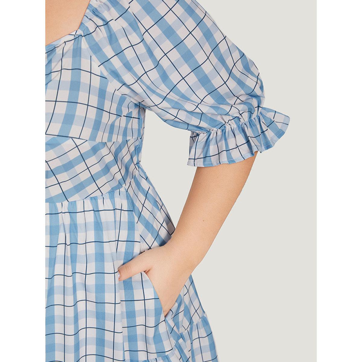 Plus Size Twist Front Square Neck Ruffle Layered Hem Bell Sleeve Dress LightBlue Women Elegant Square Neck Short sleeve Curvy Knee Dress BloomChic 18-20/2X Product Image