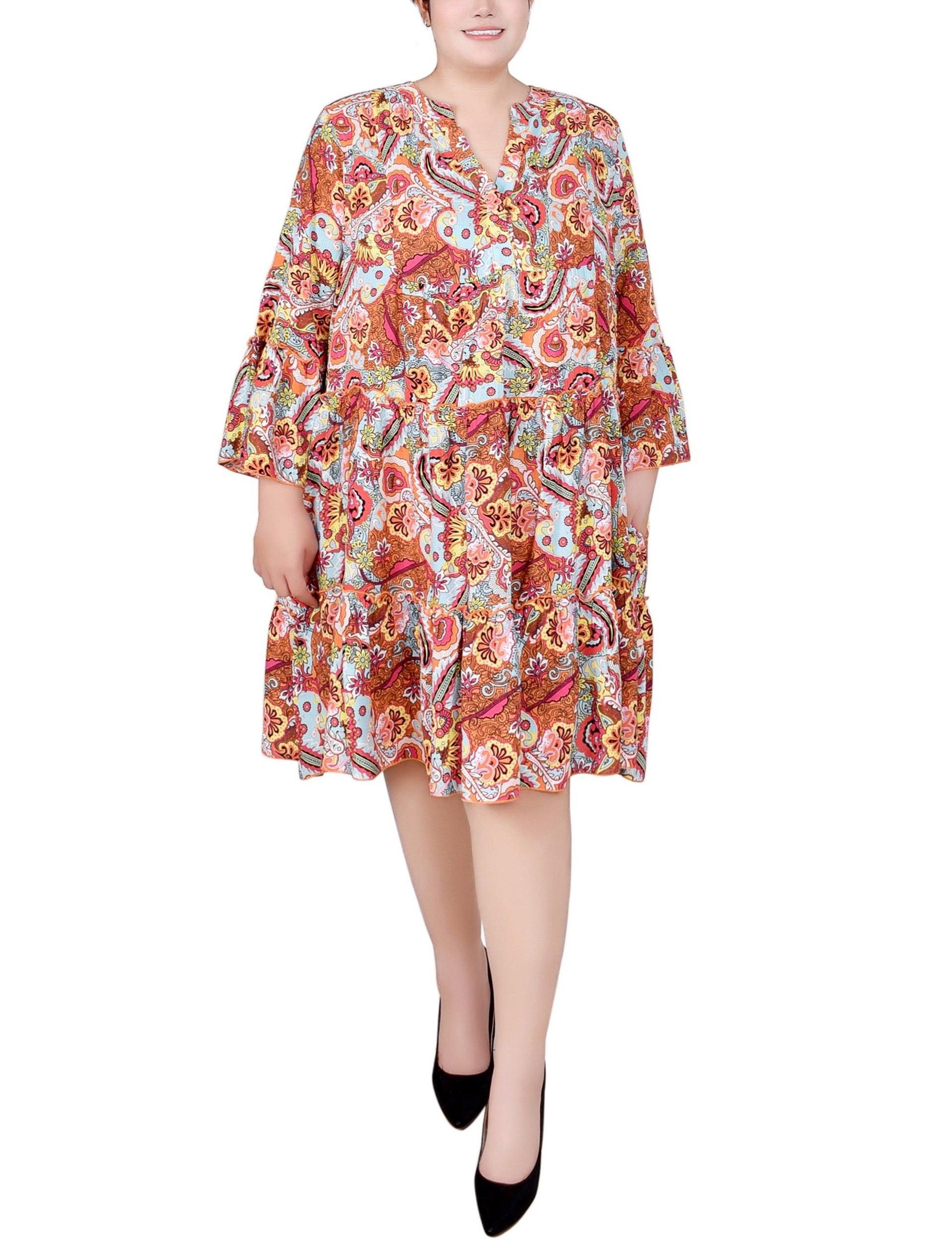 Blue Orange Paisley 3/4 Sleeve Tiered Dress - Plus Product Image