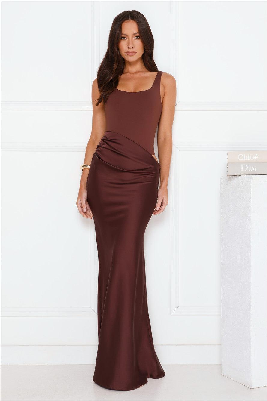 Effortlessly Yours Satin Maxi Dress Chocolate Product Image