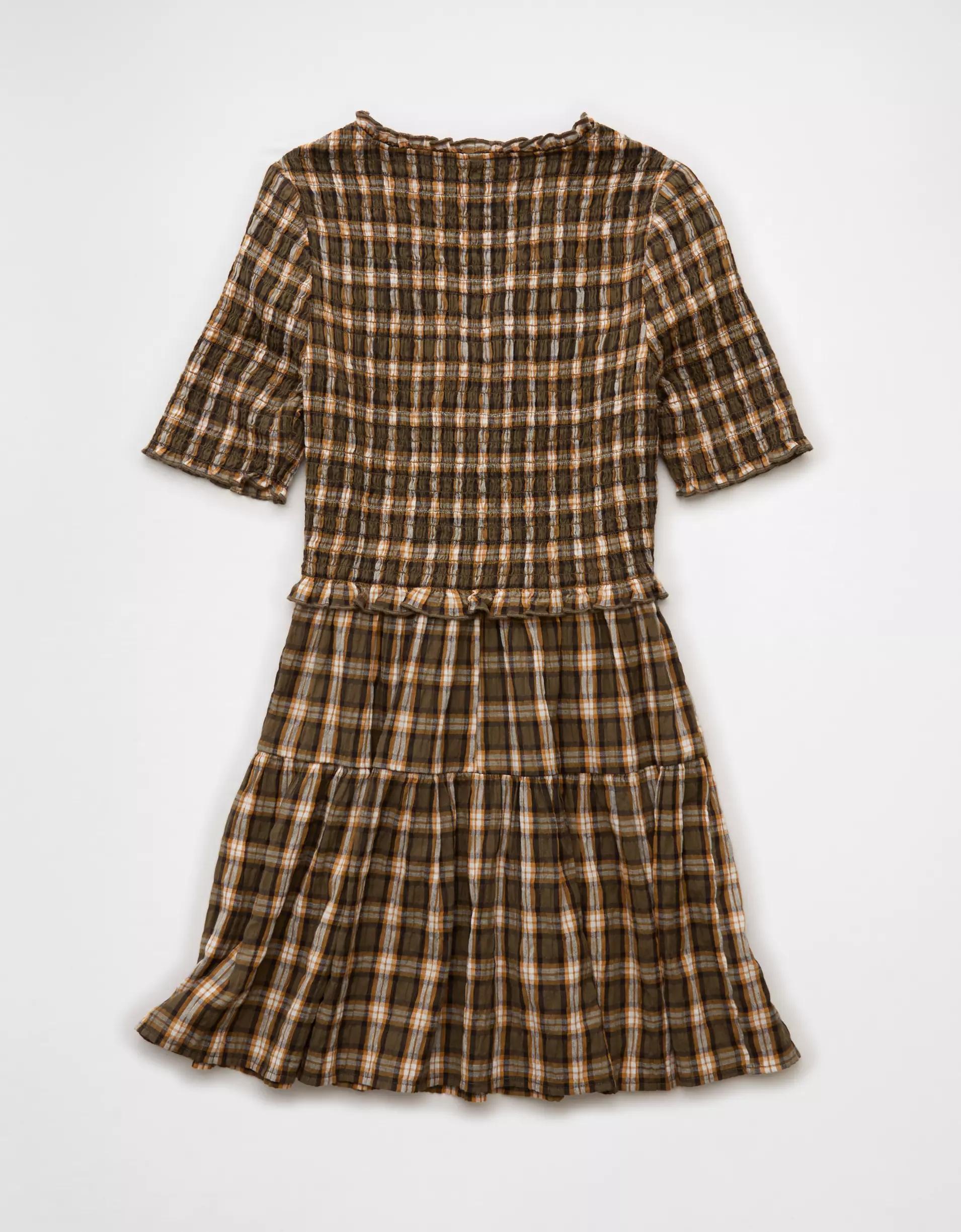 AE Puff Sleeve Tie Front Plaid Mini Dress Product Image