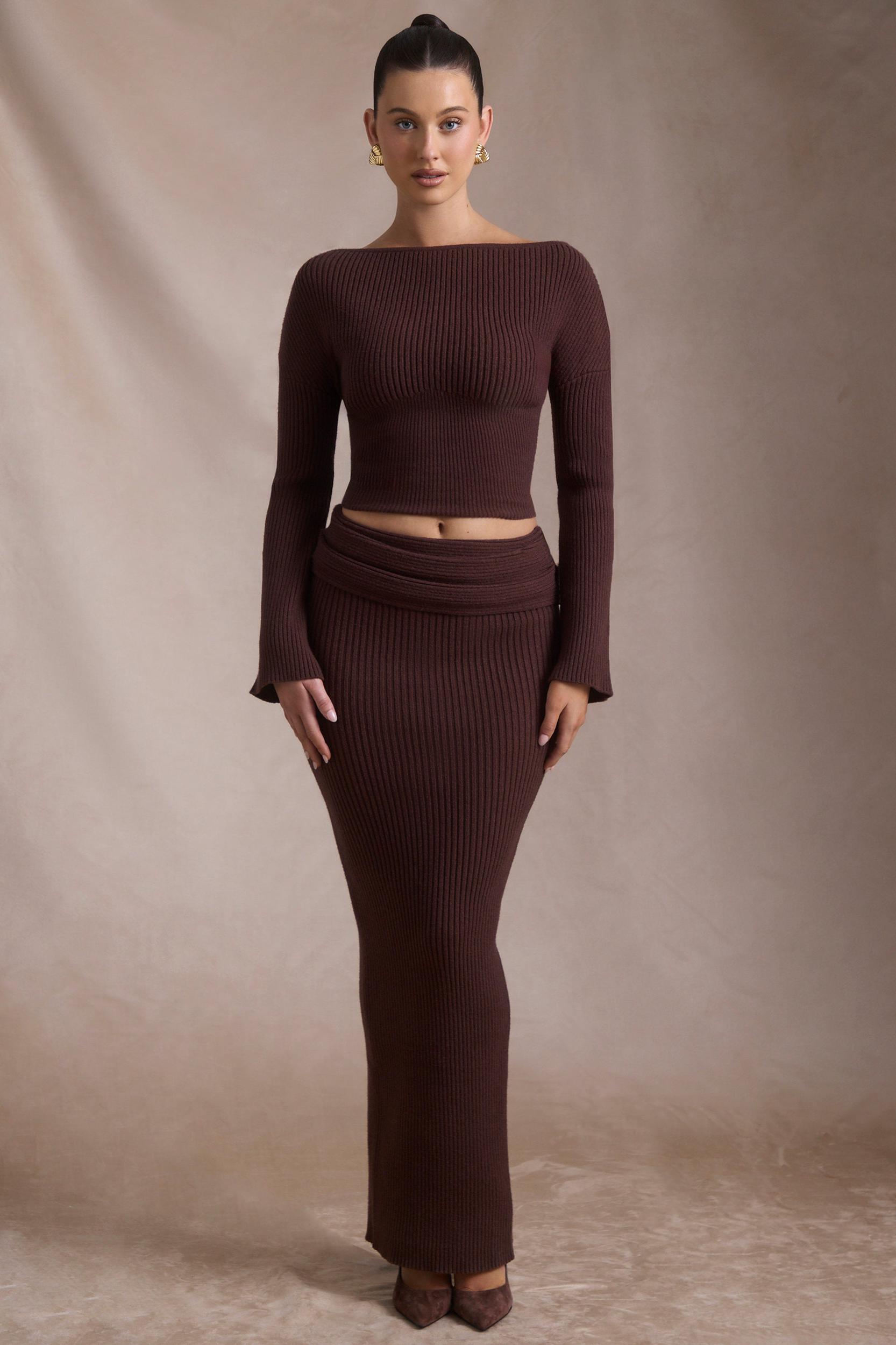 Ribbed-Knit Foldover Maxi Skirt in Espresso Female Product Image