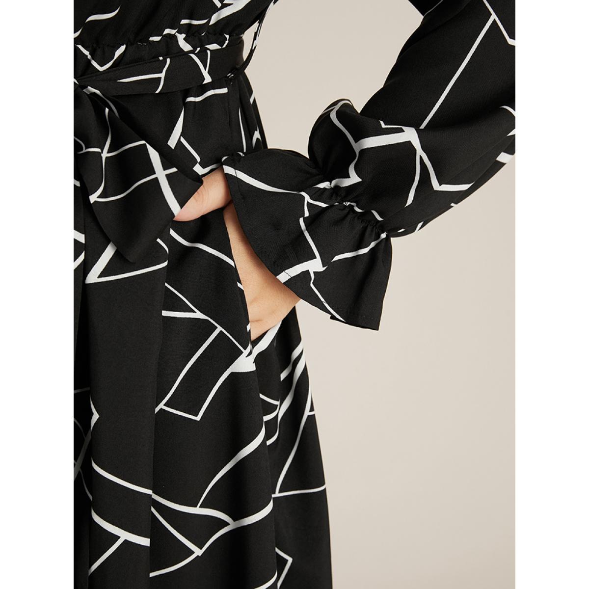 Plus Size Geometric Pocket Lantern Sleeve Wrap Belted Dress Black Women Office Belted V-neck Long Sleeve Curvy Midi Dress BloomChic 26/4X Product Image