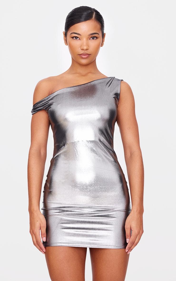 Black Metallic Asymmetric One Shoulder Mini Dress Product Image