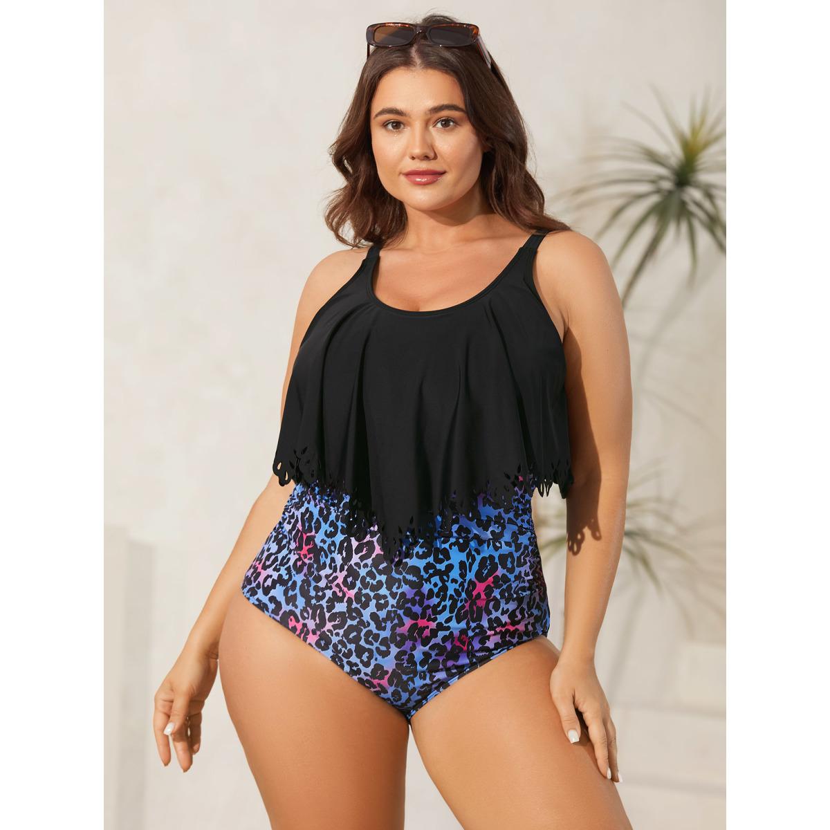 Plus Size Leopard Print Laser Cut Pleated One-Piece Swimsuit Women's Swimwear Black Beach Laser Curve Bathing Suits High stretch One Pieces BloomChic 30/6X Product Image