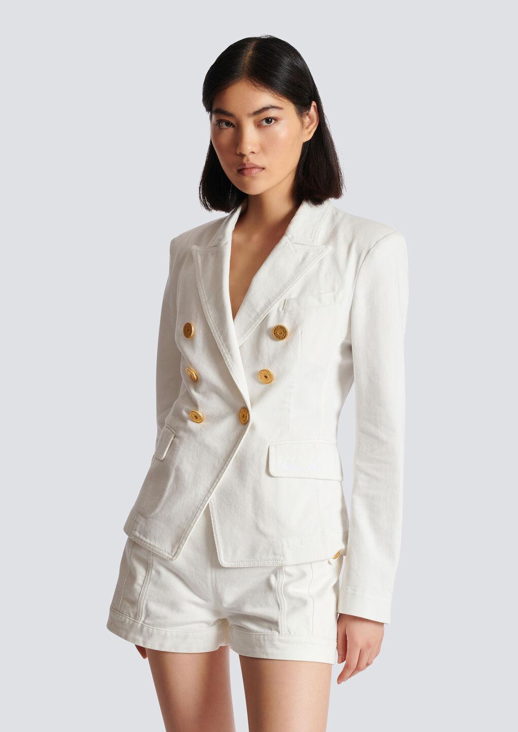 BALMAIN Double-breasted Structured Denim Blazer With Peak Lapel In White Product Image