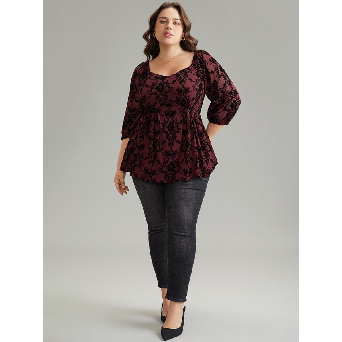 Plus Size Scarlet Silhouette Floral Print Contrast Flocking Square Neck Blouse Women Elegant Elbow-length sleeve Square Neck Everyday Blouses BloomChic 26/4X Product Image