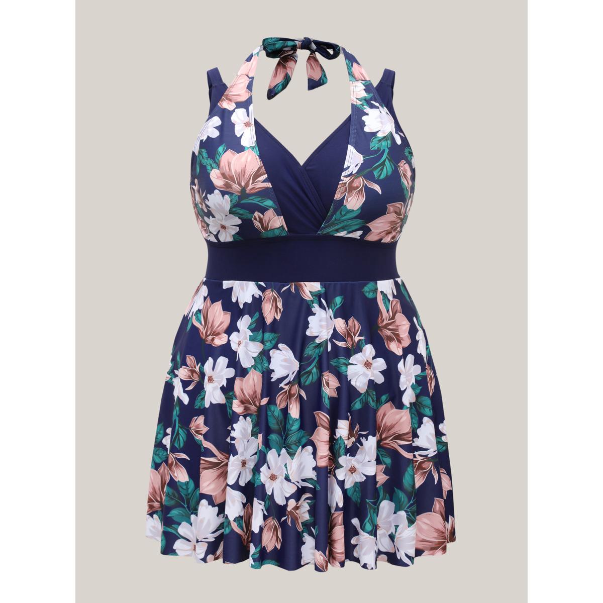 Plus Size Floral Print Color Block Swim Dress Women's Swimwear Midnight Beach Bodycon Overlap Collar High stretch Curve Swim Dresses BloomChic 22-24/3X Product Image