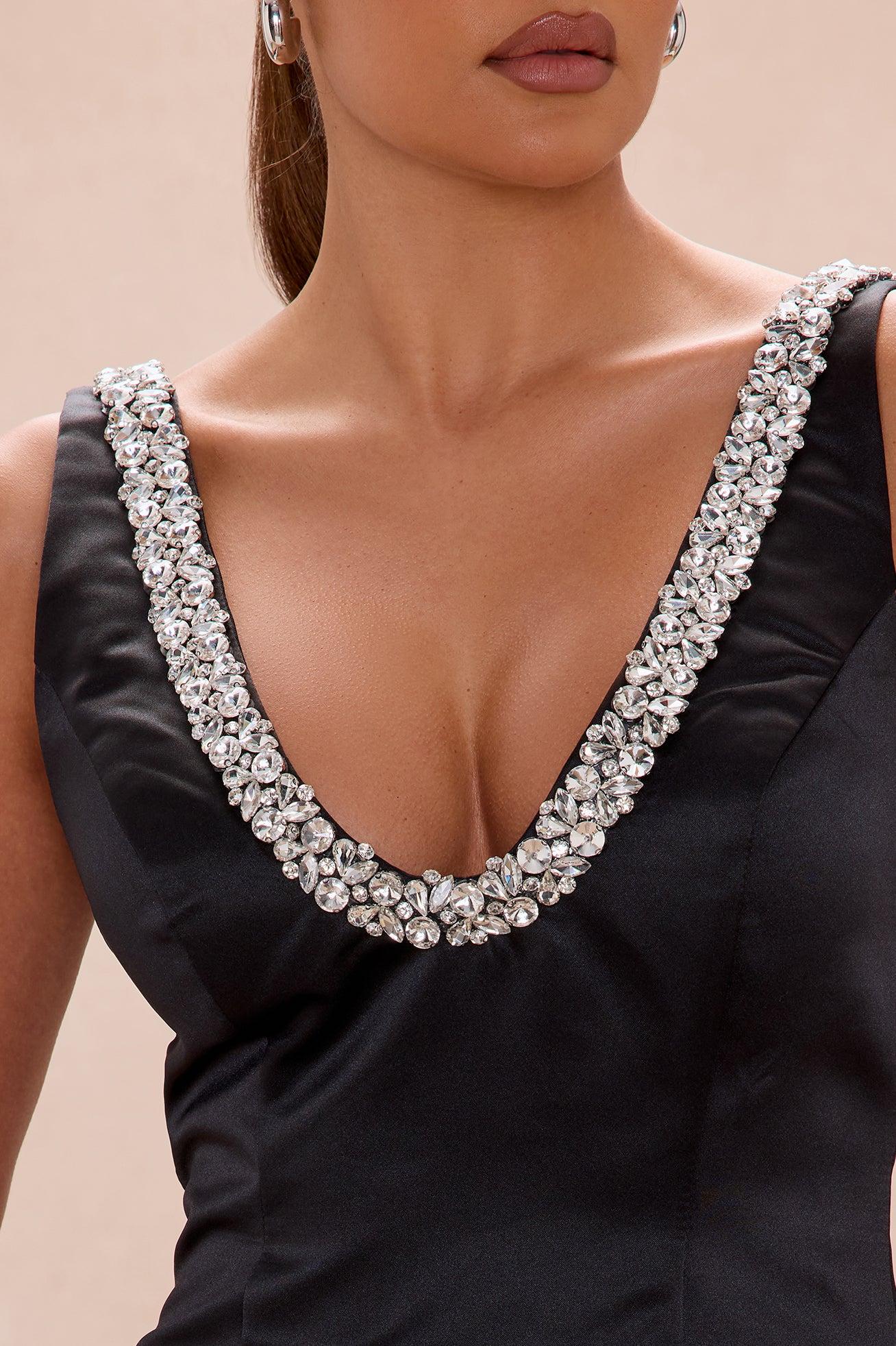 Mariah Rhinestone Satin Midi Dress - Black Female Product Image