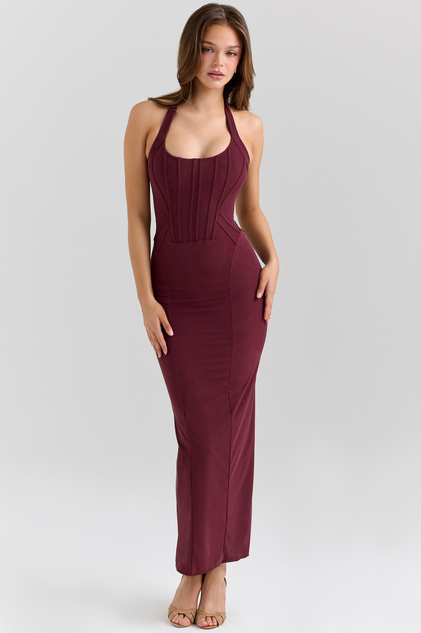 Lusilla  grape stretch mesh halter neck midi dress Product Image