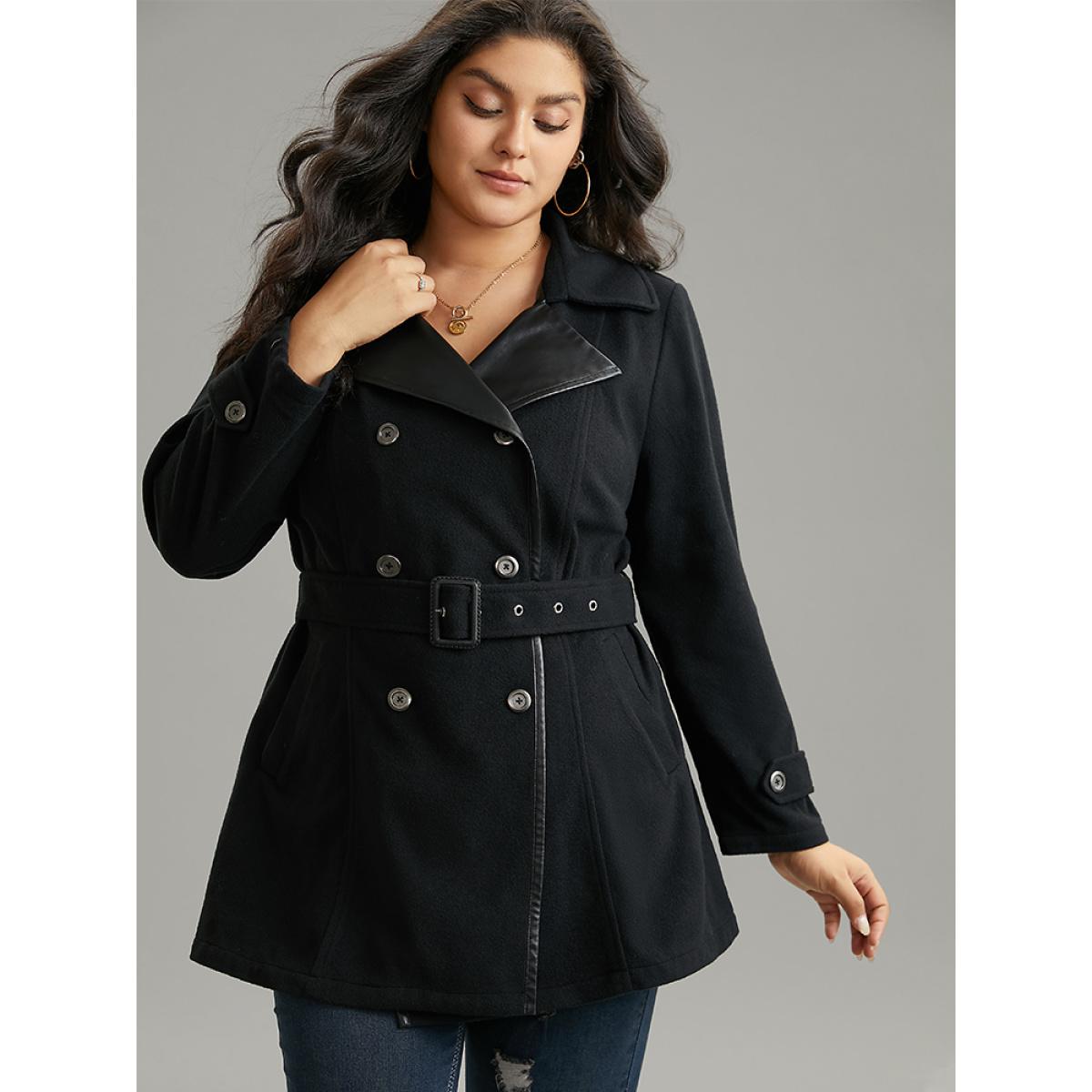 Plus Size PU Leather Patchwork Lapel Collar Double Breasted Belted Coat Women Black Casual Belted Ladies Dailywear Winter Coats BloomChic 12/L Product Image