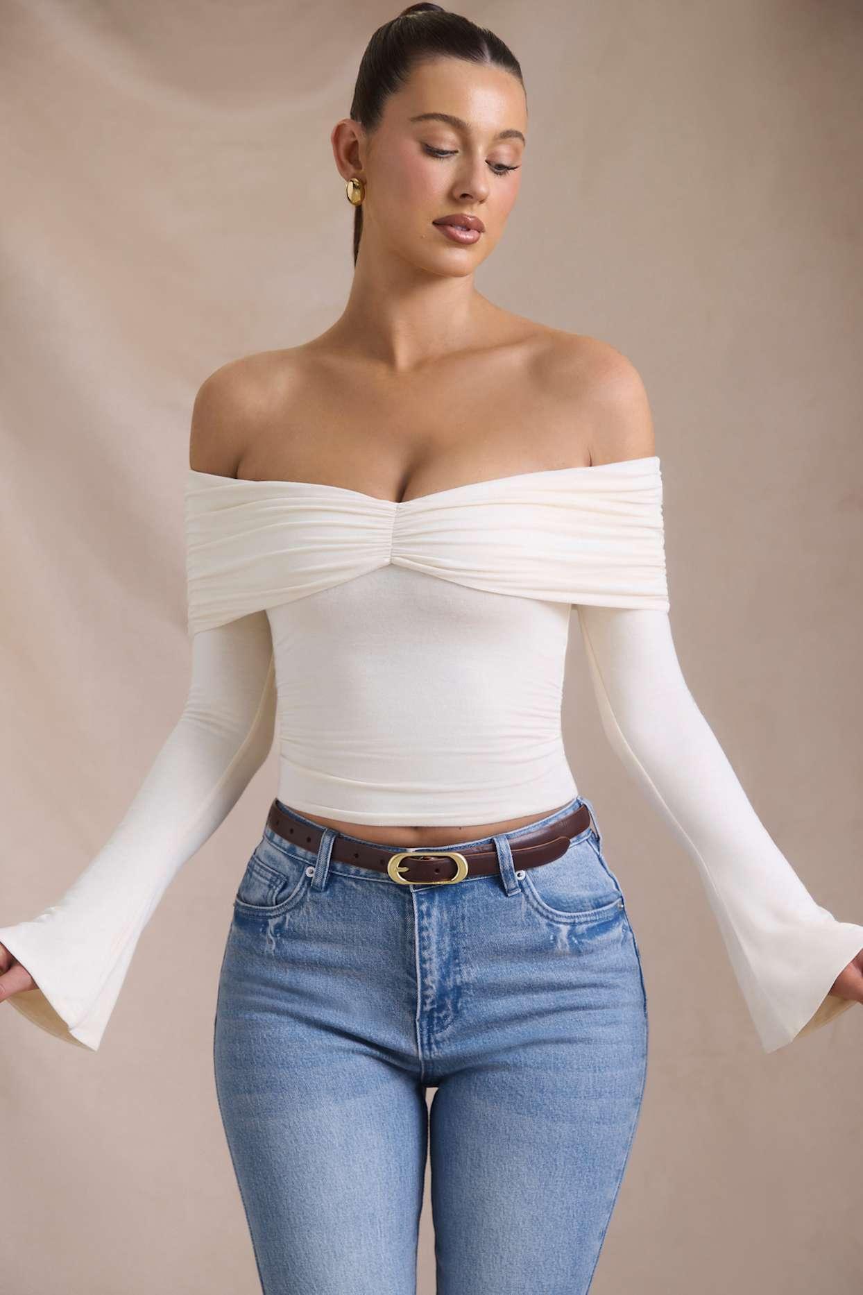 Modal-Cashmere Blend Off-Shoulder Ruched Top in Ivory Product Image