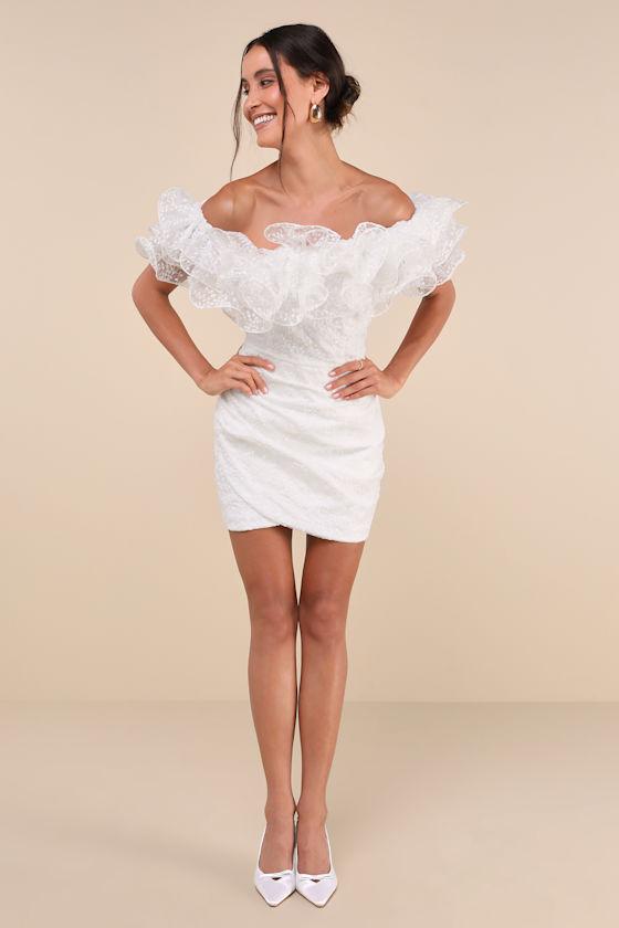 Angelic Trend White Embroidered Ruffled One-Shoulder Mini Dress Product Image