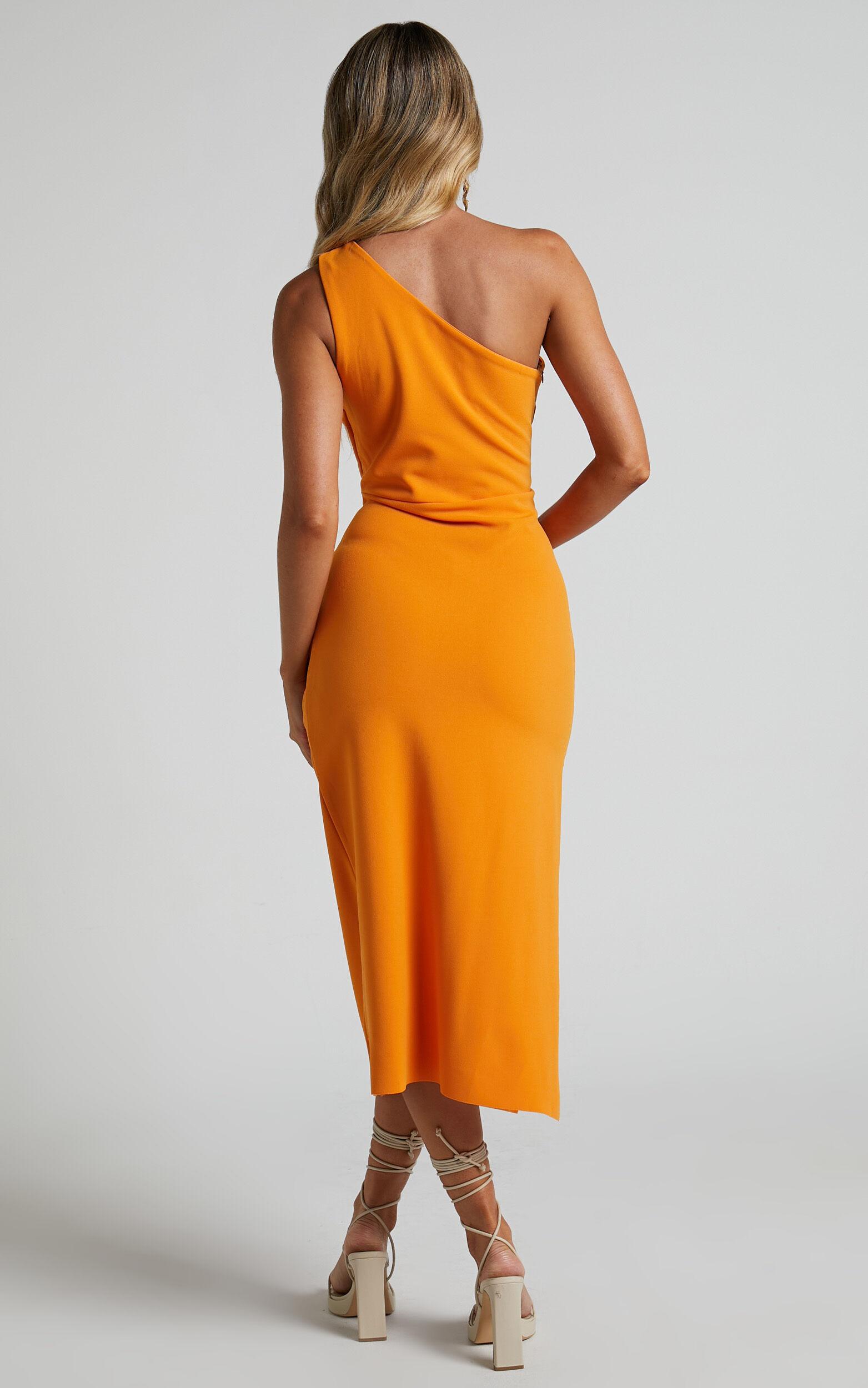 Monette Midi Dress - One Shoulder Straight Dress in Orange Product Image
