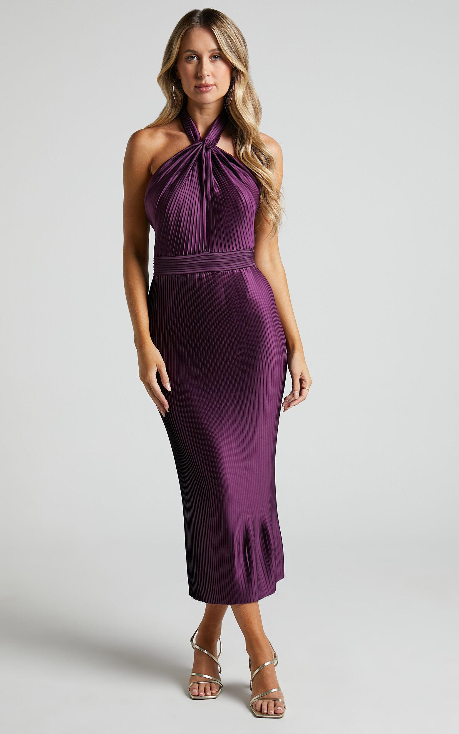 Marlette Midi Dress - Pleated Open Back Halter Dress in Aubergine Product Image