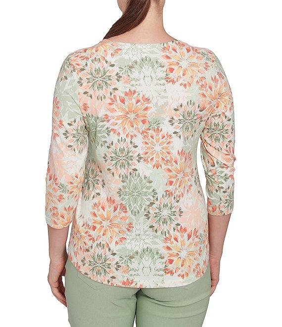 Ruby Rd.Stretch Cotton Jersey Floral Envelope Neck 3/4 Sleeve Top Product Image