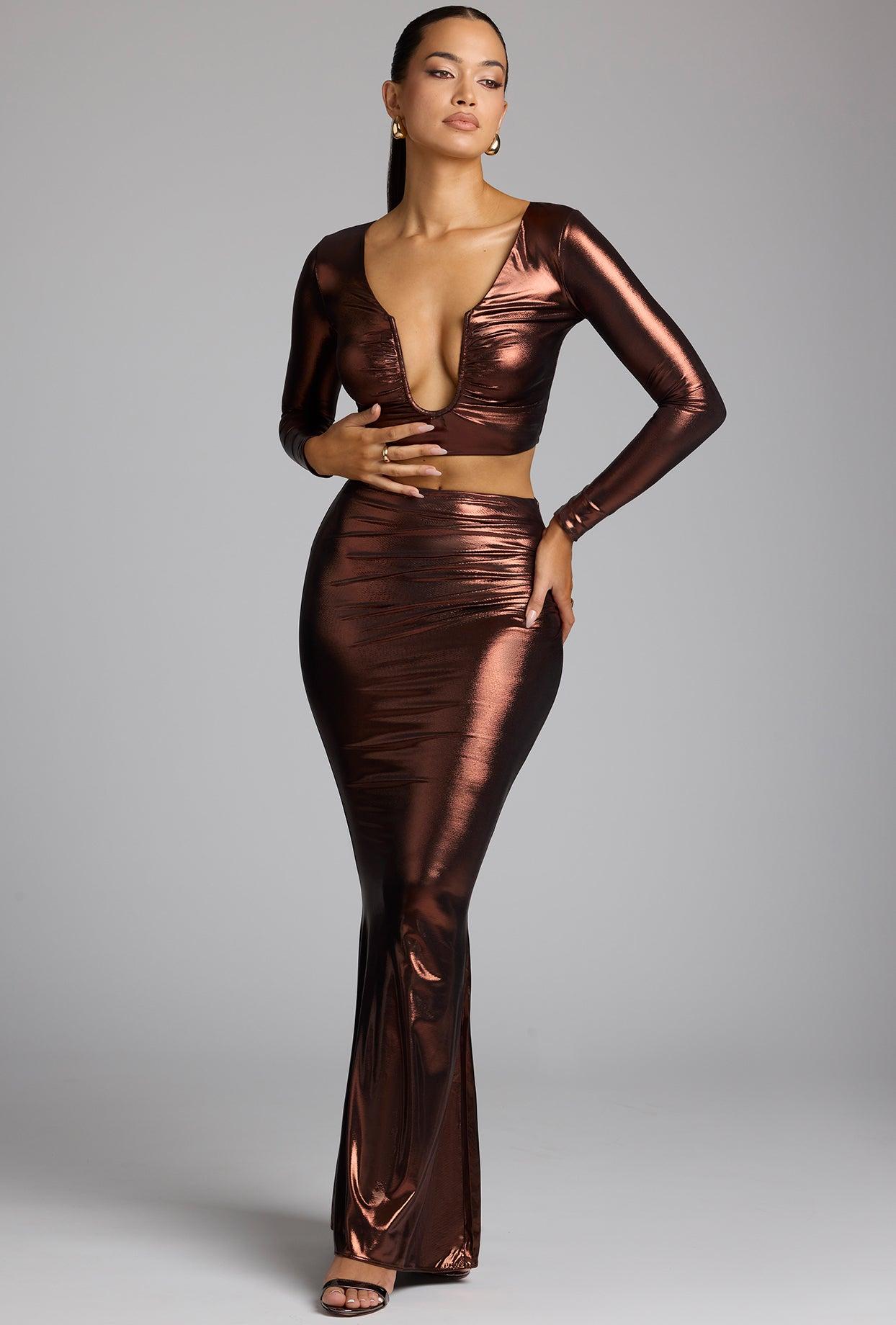 Mid Rise Metallic Jersey Gown Skirt in Copper Bronze Product Image