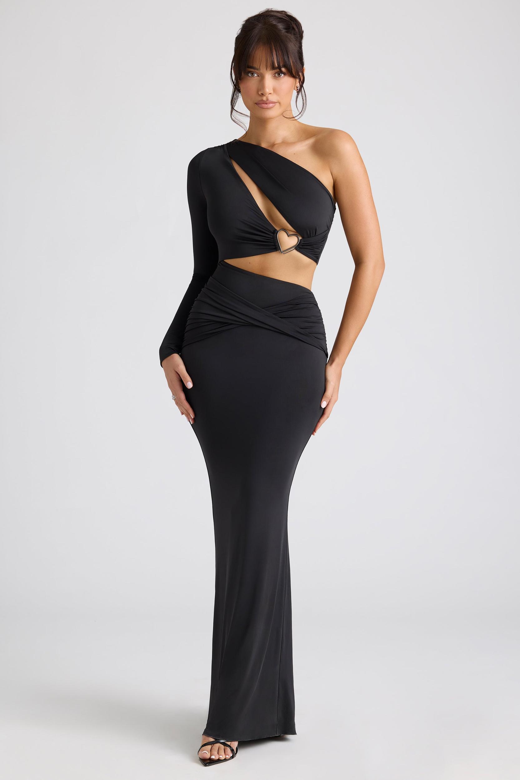 Single Sleeve Cut Out Evening Gown in Black Product Image