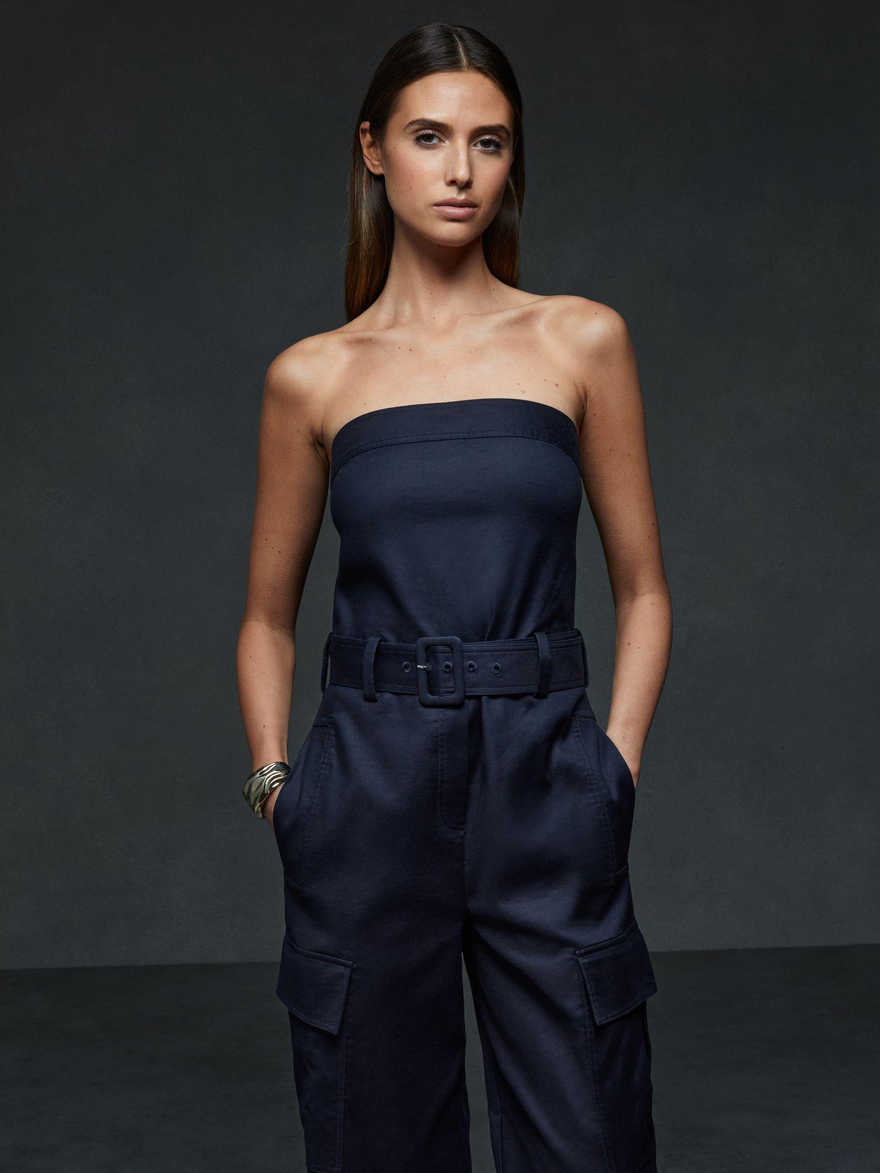 Lois Navy Strapless Belted Wide Leg Jumpsuit Product Image